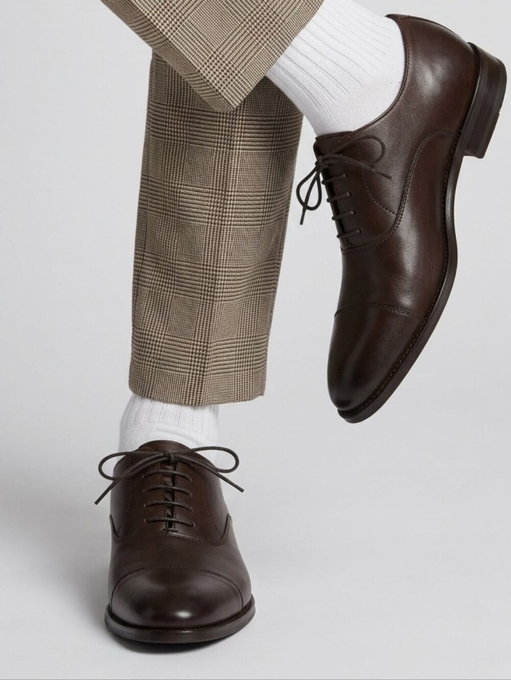 Massimo Dutti Men's Tailored Brown Leather Cap-Toe Oxford Dress Shoes